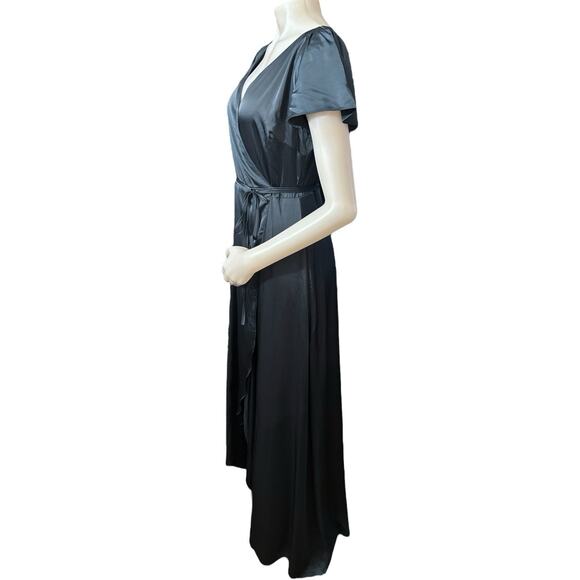 Baltic Born Krystal Deep Blue Satin Short Sleeve Maxi Wrap Gown Size Large NWT - Picture 2 of 10